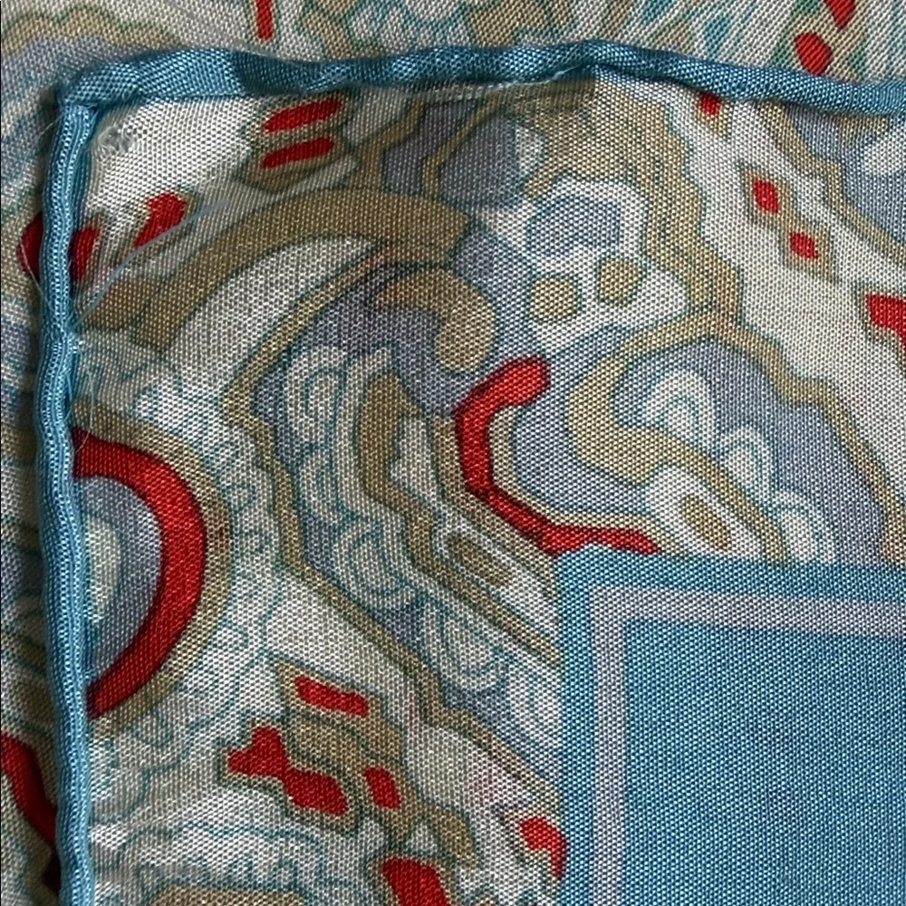 Vintage 100% Silk Paisley Scarf - Blue & Crimson - Hand Rolled Edges - Picture 7 of 13